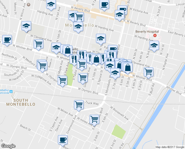 map of restaurants, bars, coffee shops, grocery stores, and more near 133 S 10th St in Montebello