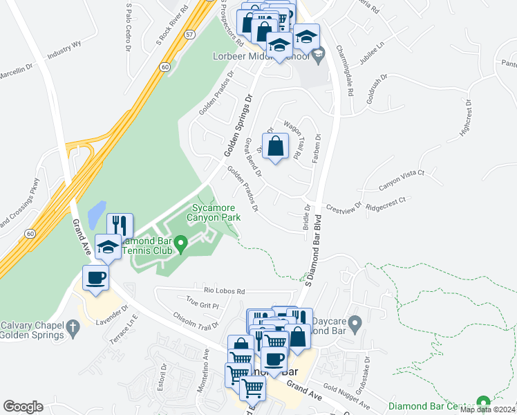 map of restaurants, bars, coffee shops, grocery stores, and more near 820 Golden Prados Drive in Diamond Bar