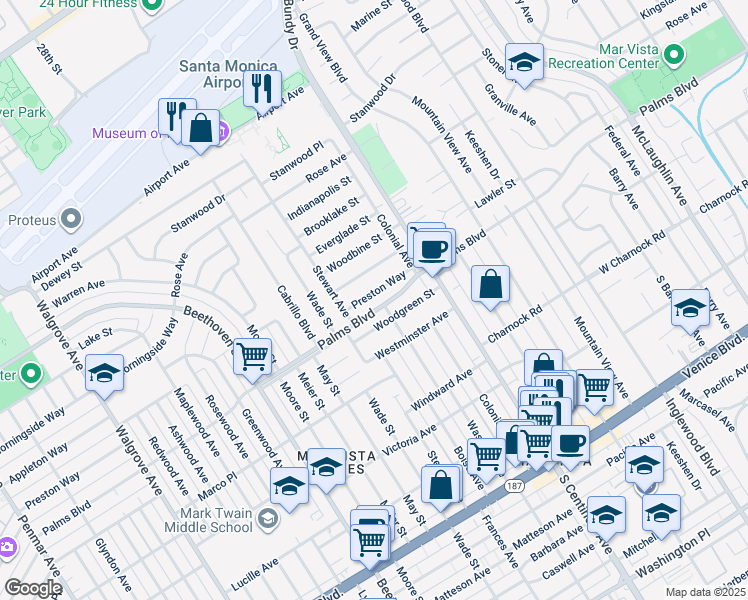 map of restaurants, bars, coffee shops, grocery stores, and more near 12560 Preston Way in Los Angeles