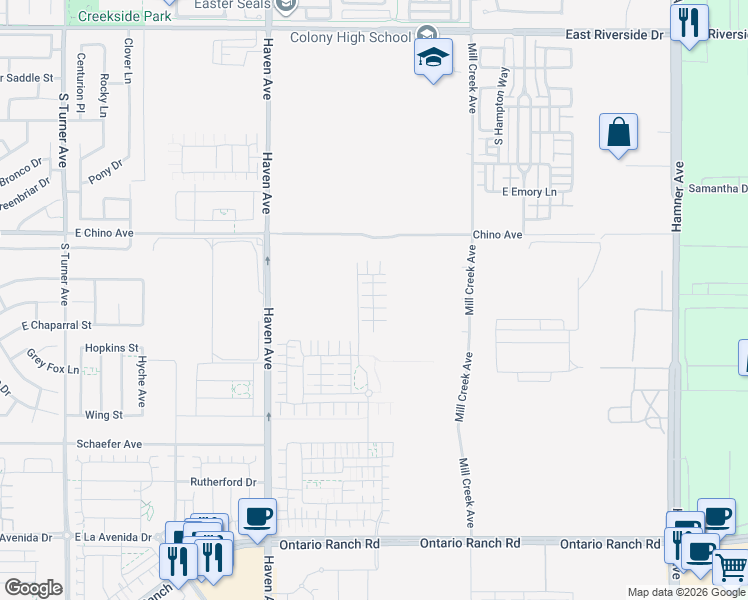 map of restaurants, bars, coffee shops, grocery stores, and more near 3679 South Eichler Paseo in Ontario