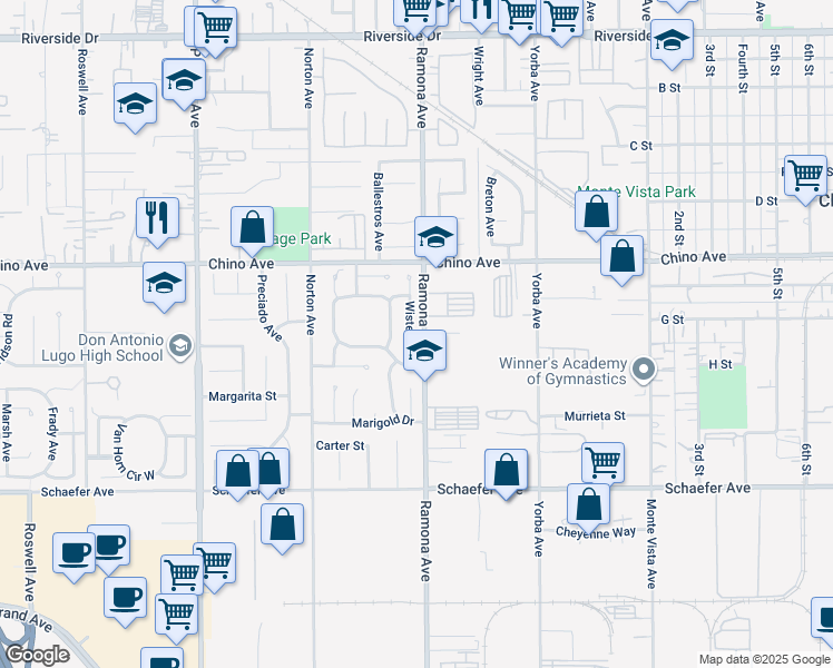 map of restaurants, bars, coffee shops, grocery stores, and more near 13423 Wisteria Place in Chino