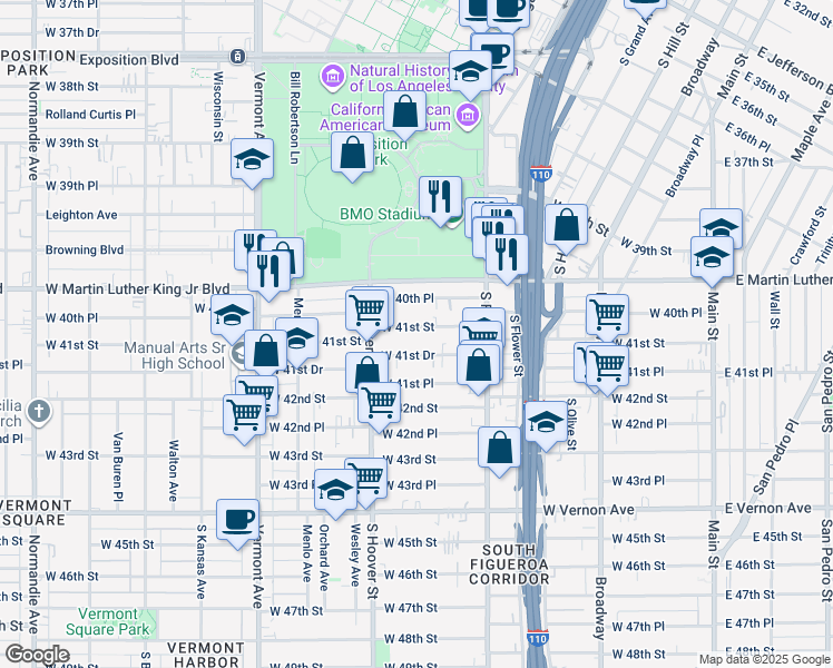 map of restaurants, bars, coffee shops, grocery stores, and more near 638 West 41st Street in Los Angeles