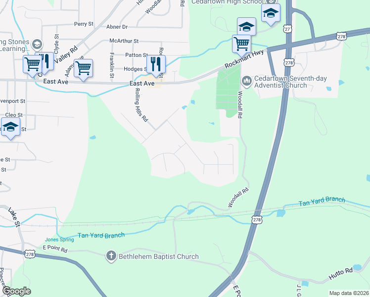 map of restaurants, bars, coffee shops, grocery stores, and more near 2 Harris Circle in Cedartown