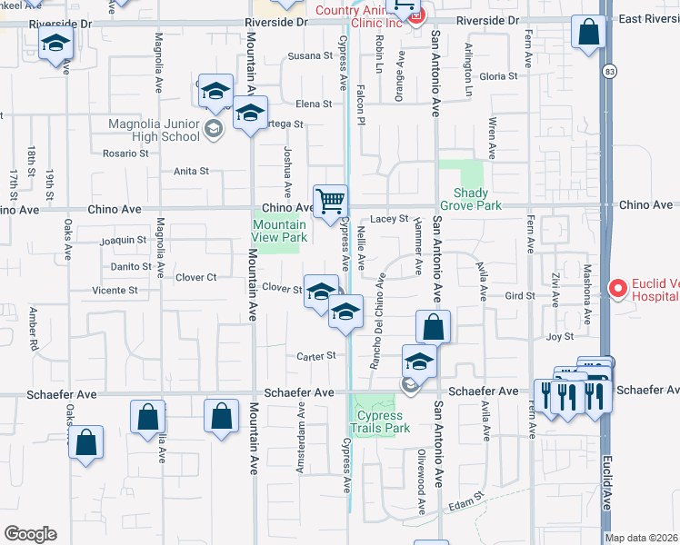 map of restaurants, bars, coffee shops, grocery stores, and more near 13425 Cypress Avenue in Chino