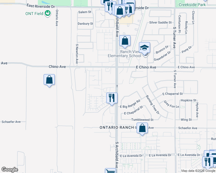 map of restaurants, bars, coffee shops, grocery stores, and more near 2642 East Towhee Street in Ontario