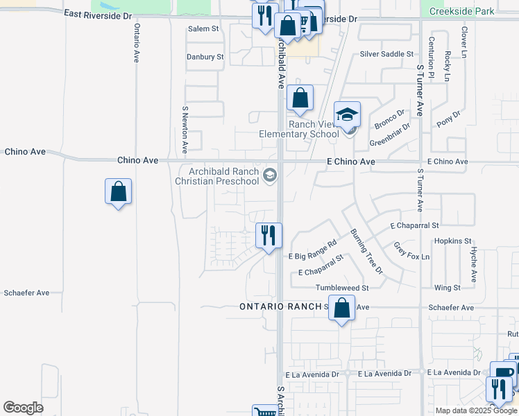 map of restaurants, bars, coffee shops, grocery stores, and more near 2642 East Towhee Street in Ontario
