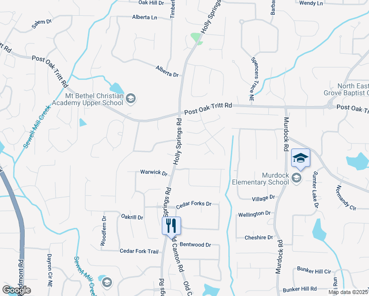 map of restaurants, bars, coffee shops, grocery stores, and more near 2726 Riderwood Lane Northeast in Marietta