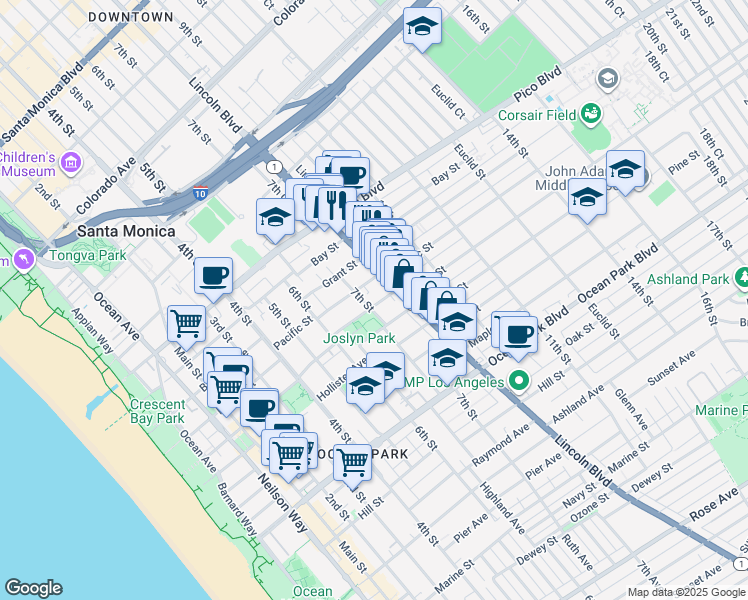 map of restaurants, bars, coffee shops, grocery stores, and more near 707 Strand Street in Santa Monica