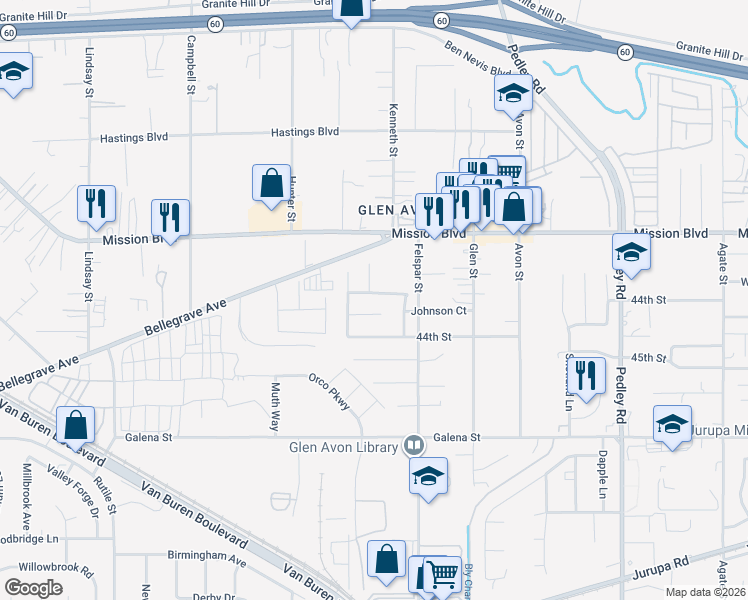map of restaurants, bars, coffee shops, grocery stores, and more near 9278 Signature Street in Riverside