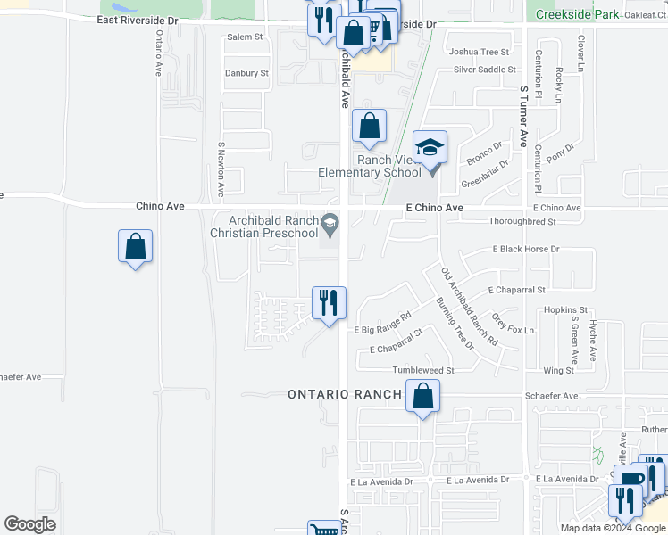 map of restaurants, bars, coffee shops, grocery stores, and more near 2684 East Towhee Street in Ontario