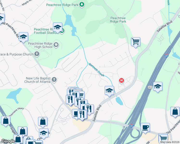 map of restaurants, bars, coffee shops, grocery stores, and more near 2850 Olde Savannah Cove in Suwanee