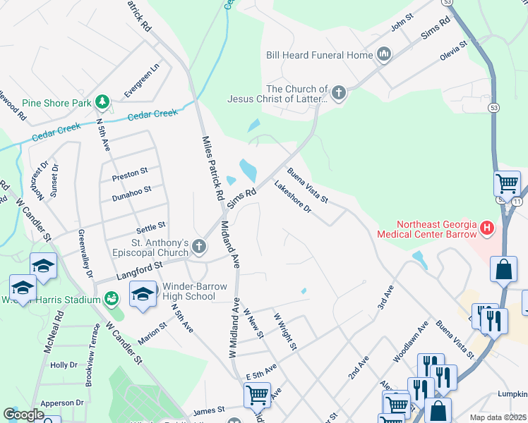 map of restaurants, bars, coffee shops, grocery stores, and more near 154 Williamsburg Way in Winder