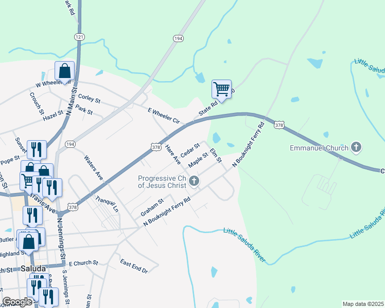 map of restaurants, bars, coffee shops, grocery stores, and more near 106 Cedar Street in Saluda
