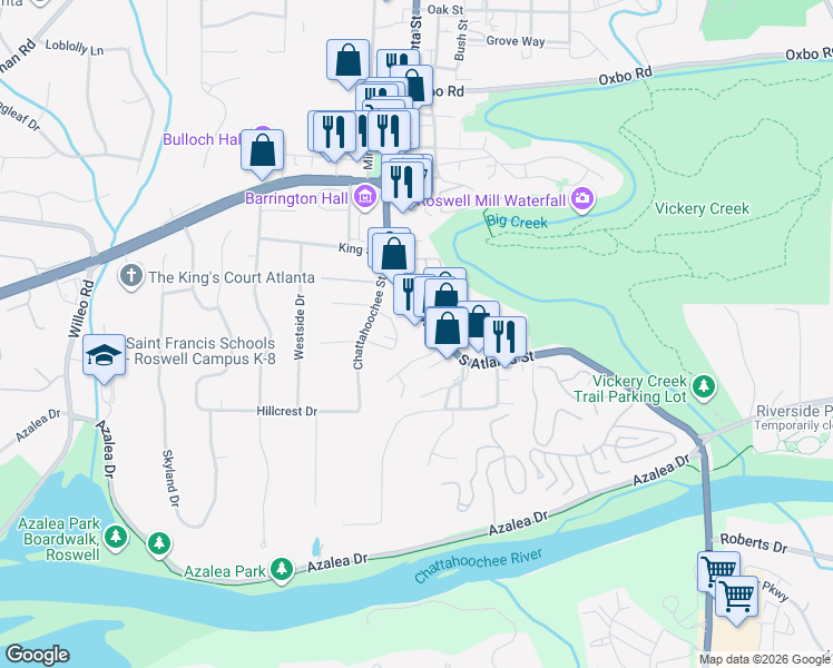 map of restaurants, bars, coffee shops, grocery stores, and more near 408 Georgia 9 in Roswell