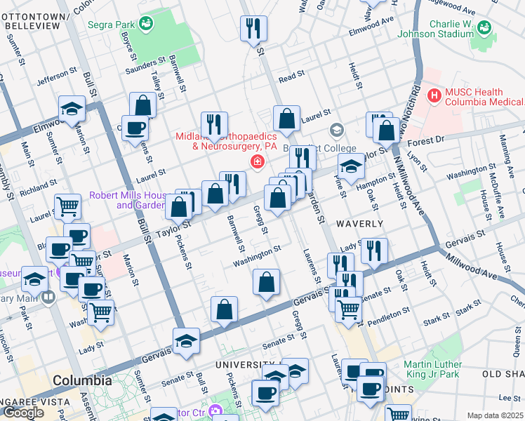 map of restaurants, bars, coffee shops, grocery stores, and more near 1510 Cherokee Street in Columbia