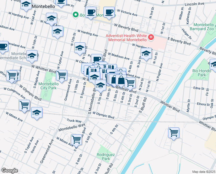 map of restaurants, bars, coffee shops, grocery stores, and more near 617 Whittier Boulevard in Montebello