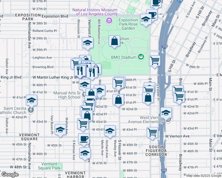 map of restaurants, bars, coffee shops, grocery stores, and more near 831 West 41st Street in Los Angeles
