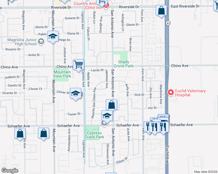 map of restaurants, bars, coffee shops, grocery stores, and more near 13437 Hammer Avenue in Chino