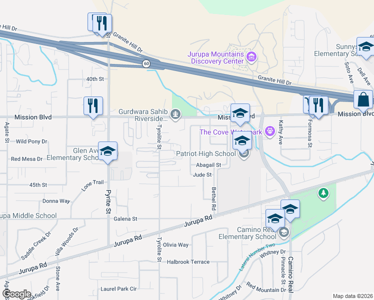 map of restaurants, bars, coffee shops, grocery stores, and more near 4317 Hernandez Street in Riverside