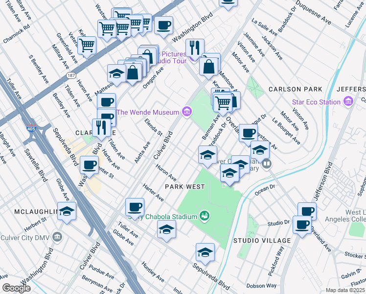 map of restaurants, bars, coffee shops, grocery stores, and more near 10859 Lindblade Street in Culver City