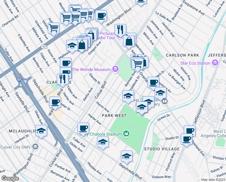 map of restaurants, bars, coffee shops, grocery stores, and more near 4270 Elenda Street in Culver City