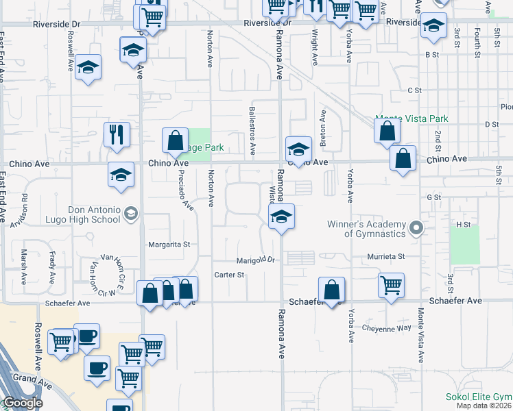 map of restaurants, bars, coffee shops, grocery stores, and more near 4430 Heather Circle in Chino