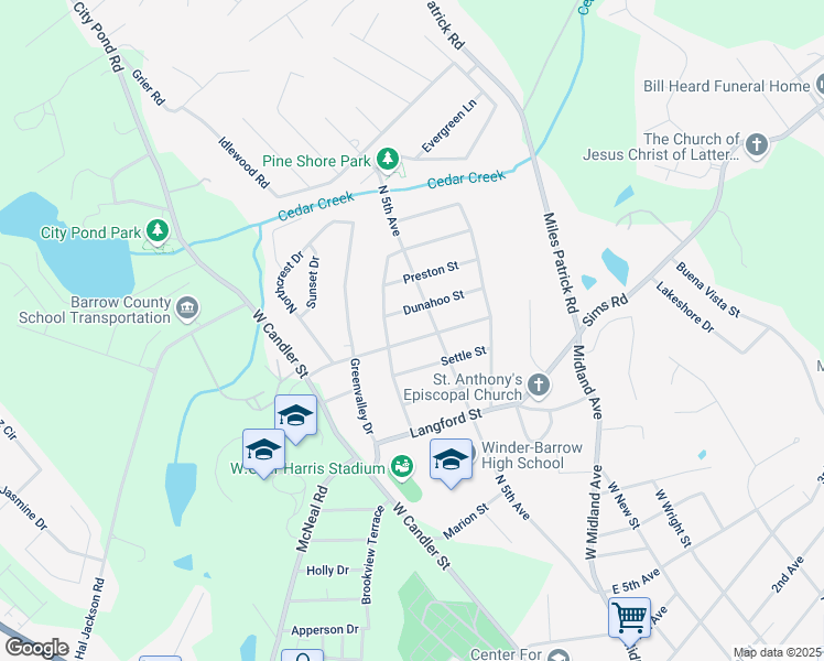 map of restaurants, bars, coffee shops, grocery stores, and more near 155 Ridgeway Street in Winder