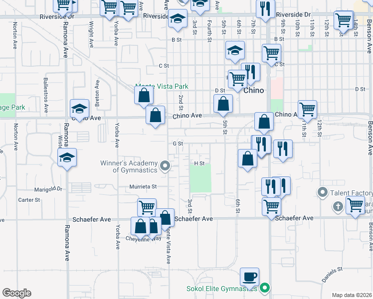 map of restaurants, bars, coffee shops, grocery stores, and more near 13420 3rd Street in Chino