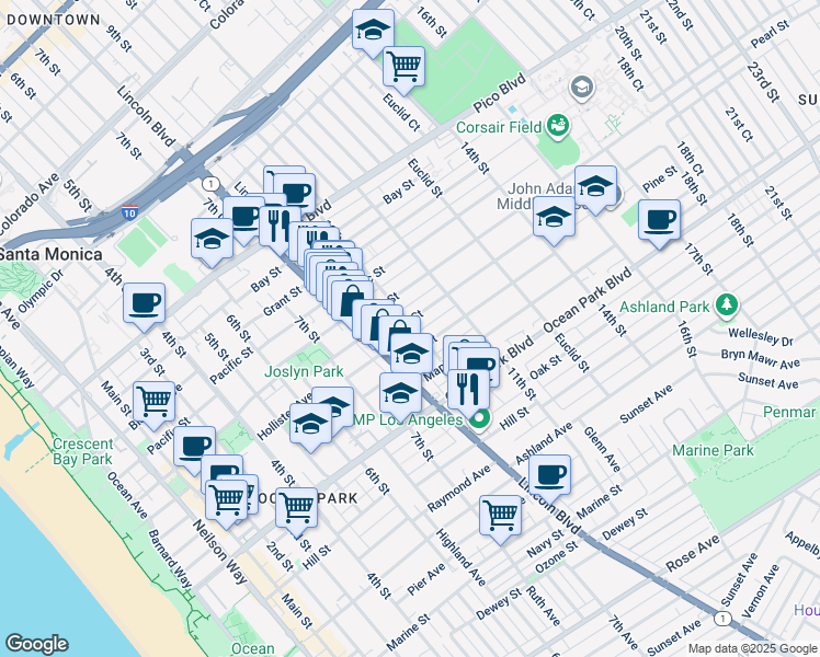 map of restaurants, bars, coffee shops, grocery stores, and more near 836 Cedar Street in Santa Monica