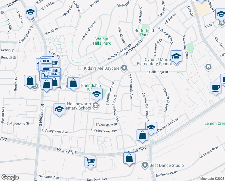 map of restaurants, bars, coffee shops, grocery stores, and more near 3032 East Quinnell Drive in West Covina