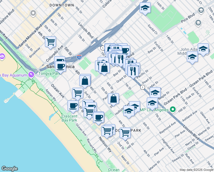 map of restaurants, bars, coffee shops, grocery stores, and more near 2020 6th Street in Santa Monica