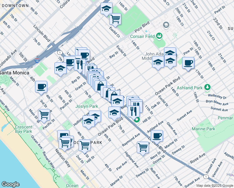 map of restaurants, bars, coffee shops, grocery stores, and more near 844 Cedar Street in Santa Monica