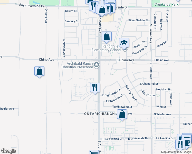 map of restaurants, bars, coffee shops, grocery stores, and more near 2684 East Towhee Street in Ontario