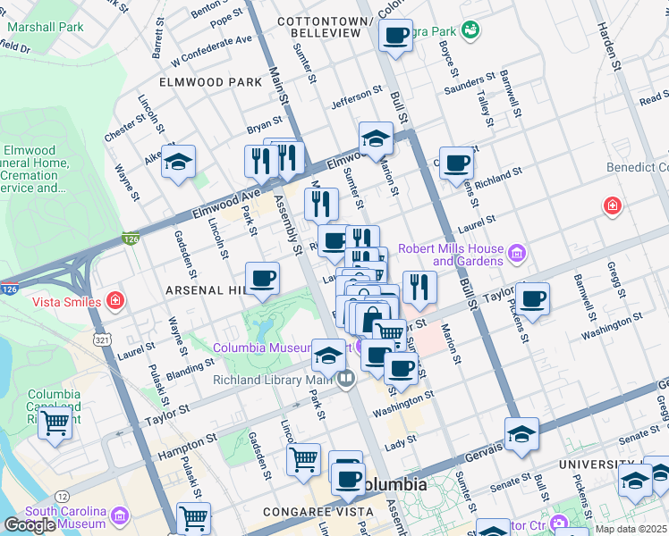 map of restaurants, bars, coffee shops, grocery stores, and more near 1801 Main Street in Columbia