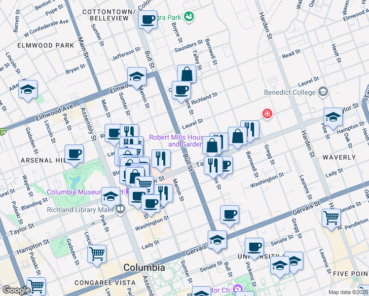 map of restaurants, bars, coffee shops, grocery stores, and more near 1501 Blanding Street in Columbia