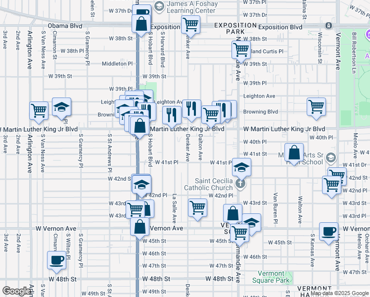 map of restaurants, bars, coffee shops, grocery stores, and more near 4045 Denker Avenue in Los Angeles