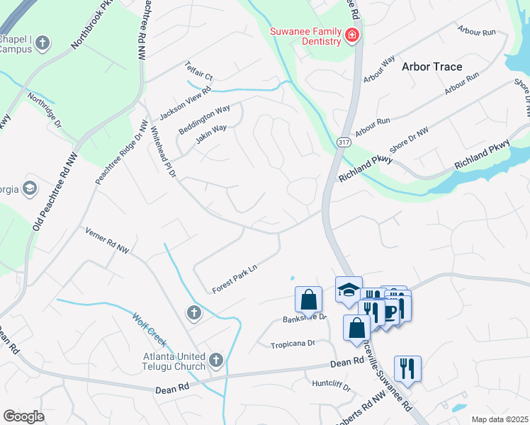 map of restaurants, bars, coffee shops, grocery stores, and more near 647 Kenridge Drive in Suwanee