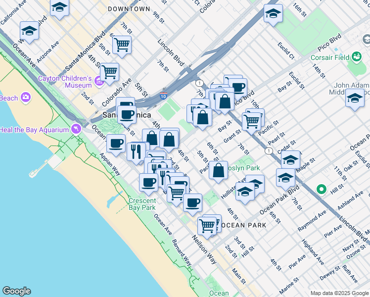 map of restaurants, bars, coffee shops, grocery stores, and more near 1917 4th Street in Santa Monica