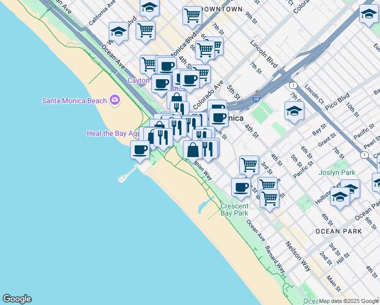 map of restaurants, bars, coffee shops, grocery stores, and more near 1667 Appian Way in Santa Monica