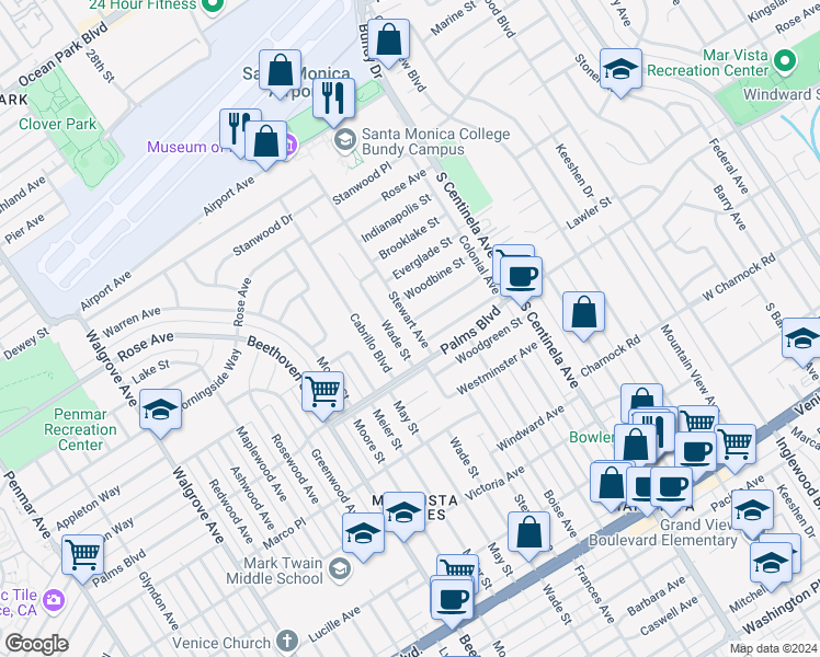 map of restaurants, bars, coffee shops, grocery stores, and more near 3457 Stewart Avenue in Los Angeles