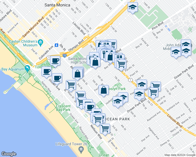map of restaurants, bars, coffee shops, grocery stores, and more near 2020 6th Street in Santa Monica