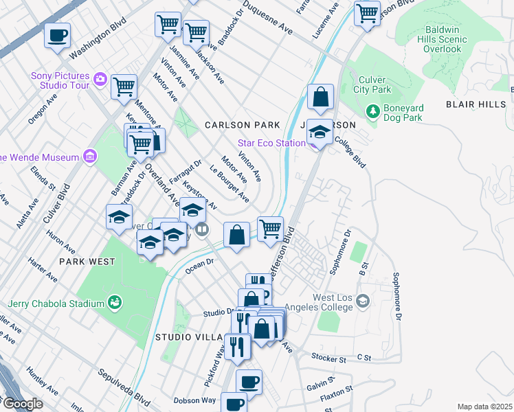 map of restaurants, bars, coffee shops, grocery stores, and more near 4454 Le Bourget Avenue in Culver City