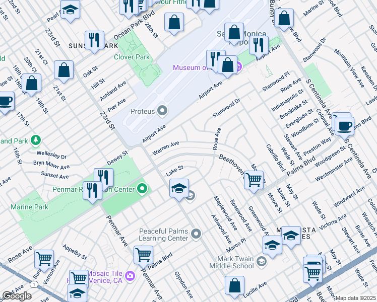 map of restaurants, bars, coffee shops, grocery stores, and more near 13101 Rose Avenue in Los Angeles