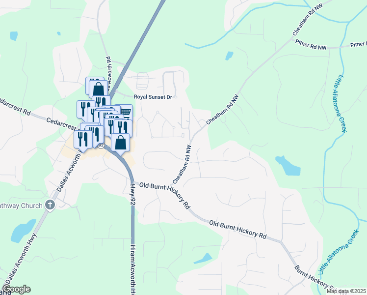 map of restaurants, bars, coffee shops, grocery stores, and more near 223 Cheatham Rd NW in Acworth