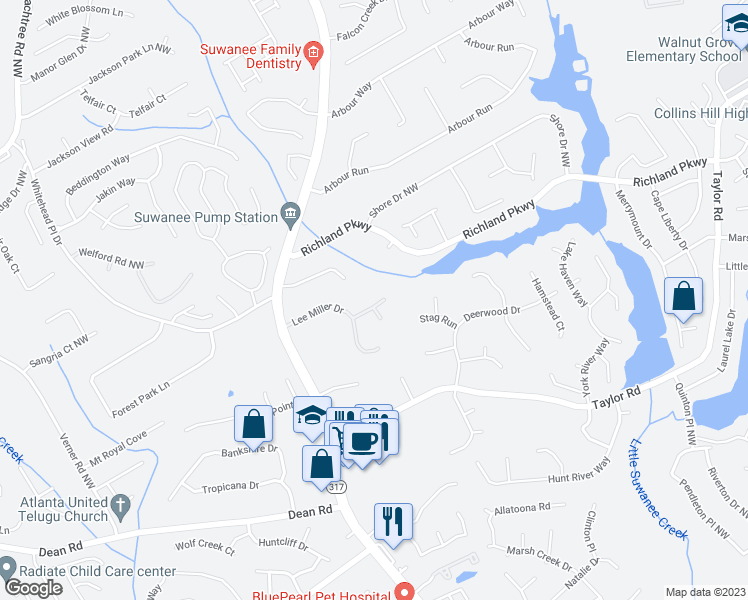 map of restaurants, bars, coffee shops, grocery stores, and more near 335 Lee Miller Court in Suwanee