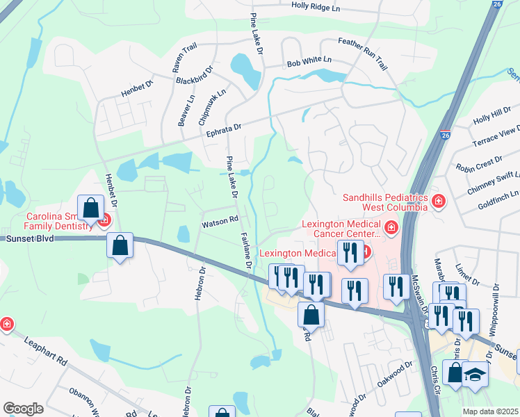 map of restaurants, bars, coffee shops, grocery stores, and more near 819 Hulon Lane in West Columbia