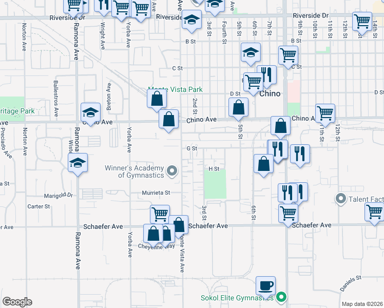 map of restaurants, bars, coffee shops, grocery stores, and more near 4917 G Street in Chino