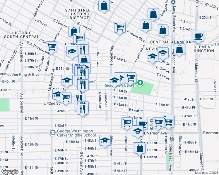 map of restaurants, bars, coffee shops, grocery stores, and more near 1285 East 41st Street in Los Angeles