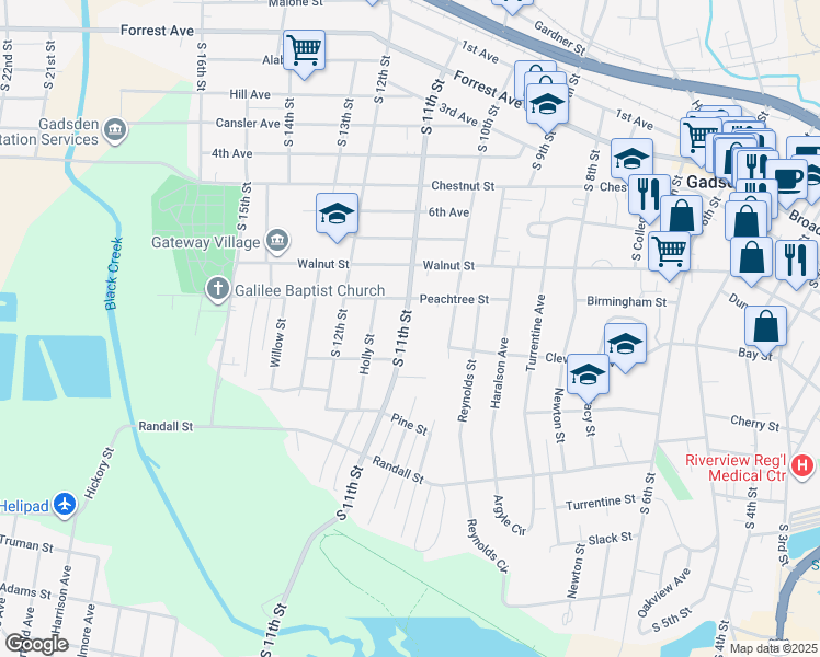 map of restaurants, bars, coffee shops, grocery stores, and more near 922 South 11th Street in Gadsden