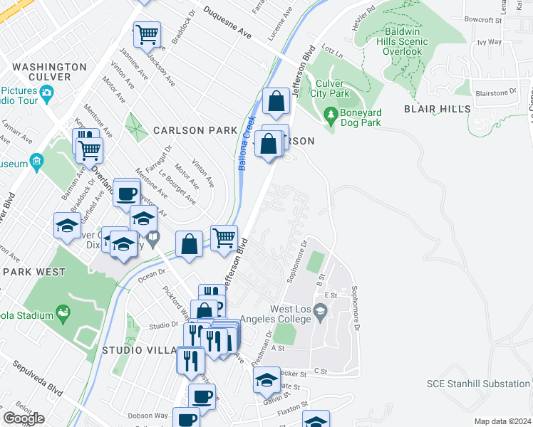 map of restaurants, bars, coffee shops, grocery stores, and more near 1204 Raintree Circle in Culver City
